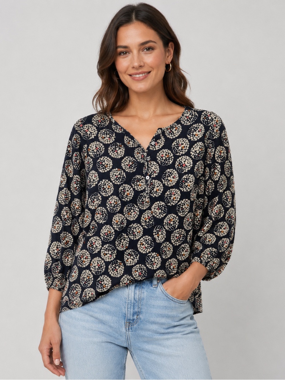Maeve Anthropologie Navy Confetti Ball Puff Sleeve Blouse Size 8